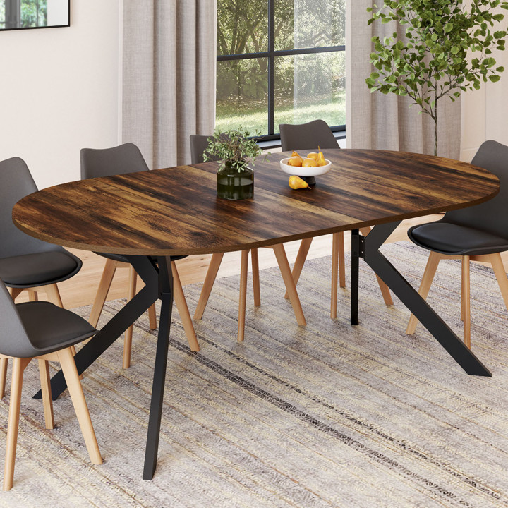Tavolo da pranzo rotondo allungabile 4-10 persone con gambe a ragno nere e legno scuro 110-200 cm - ALIX | ID Market