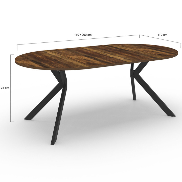 Tavolo da pranzo rotondo allungabile 4-10 persone con gambe a ragno nere e legno scuro 110-200 cm - ALIX | ID Market