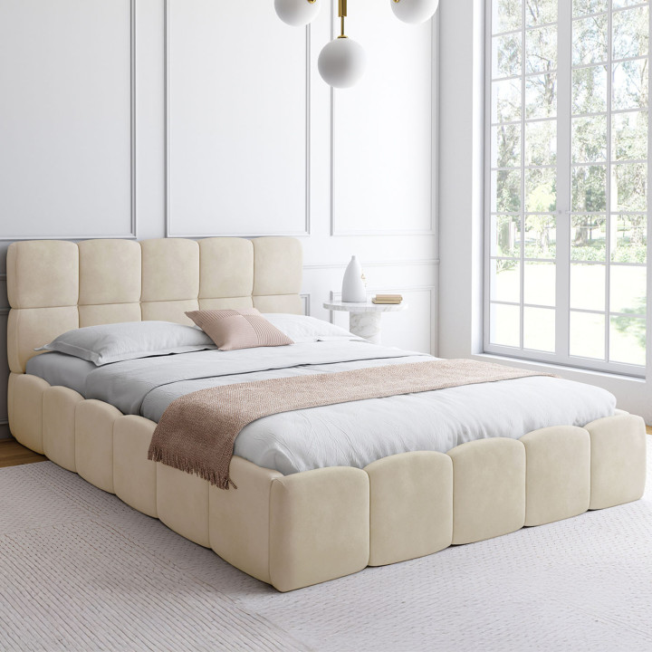 Testata matrimoniale trapuntata 140x190cm in velluto beige - NUAGE | IdMarket