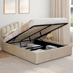 Letto matrimoniale con testiera e box spring 140 x 190 cm in velluto beige - NOELIE | ID Market