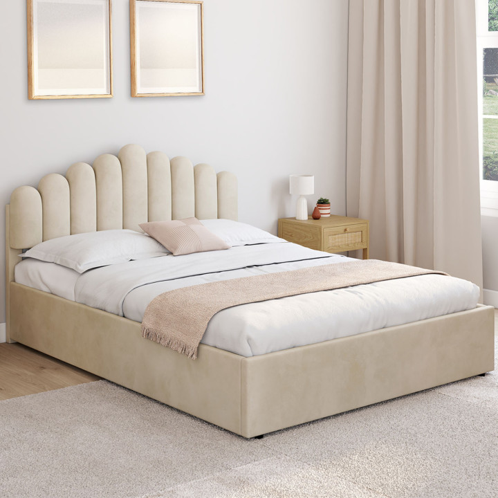 Letto matrimoniale con testiera e box spring 140 x 190 cm in velluto beige - NOELIE | ID Market