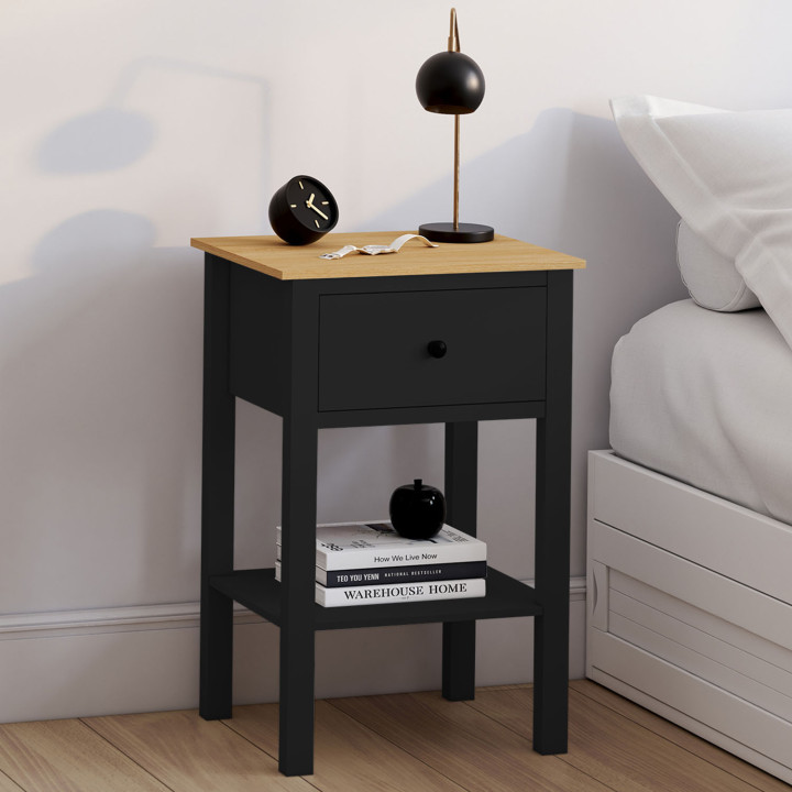 Comodini neri e in legno con 1 cassetto e 1 ripiano - ACHILLE | Il mondo dei comodini IDMarket