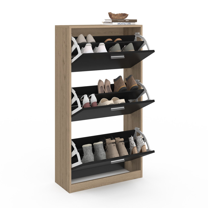 Mobile per scarpe a 3 ante in finto faggio e nero