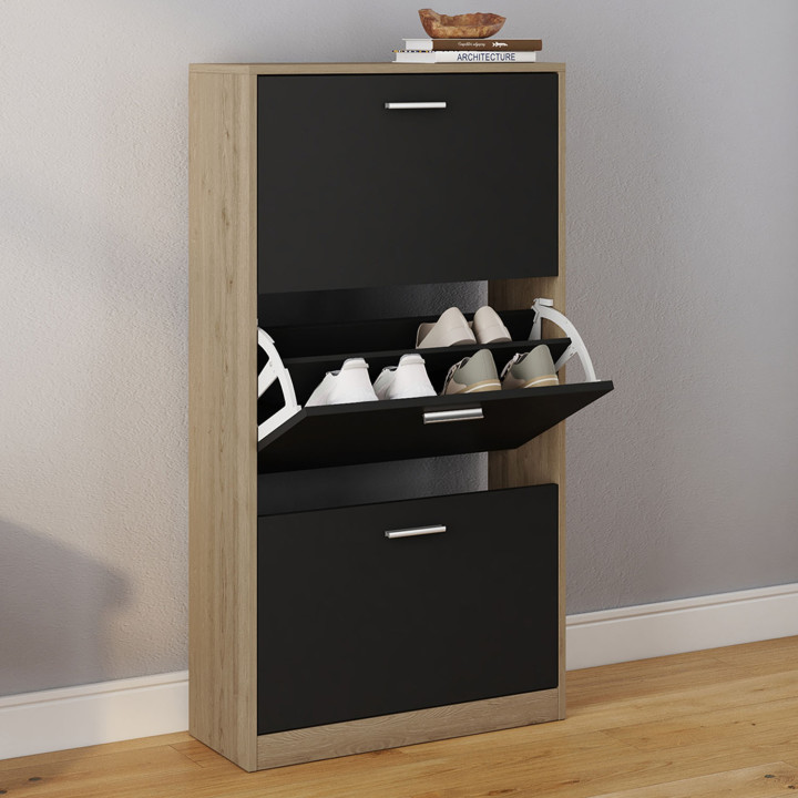 Mobile per scarpe a 3 ante in finto faggio e nero