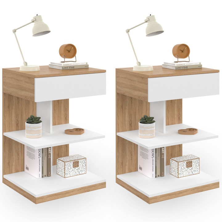 Comodini con un cassetto e due ripiani, faggio e bianco - TOMI | Zen Cart! IDMarket