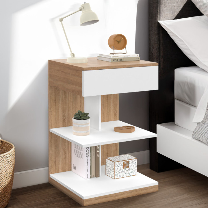 Comodini con un cassetto e due ripiani, faggio e bianco - TOMI | Zen Cart! IDMarket