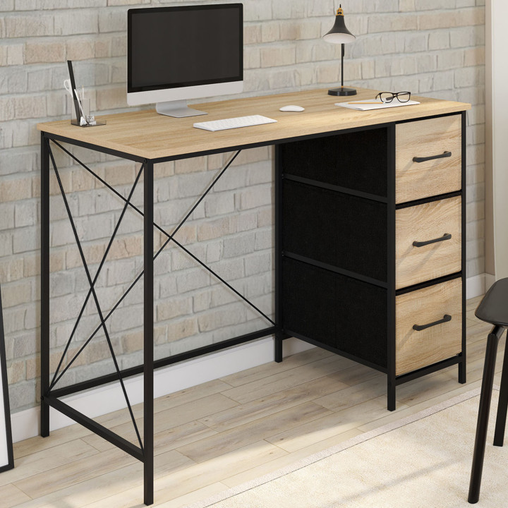 Scrivania di design industriale a 3 cassetti in legno e tessuto nero - UTAH | ID Market