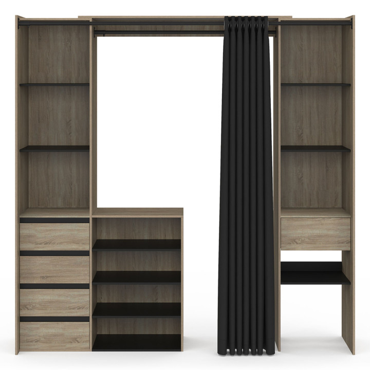Ampio spogliatoio doppio in faggio con tenda nera - MERYL | IDMarket