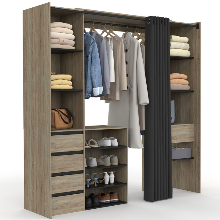 Ampio spogliatoio doppio in faggio con tenda nera - MERYL | IDMarket