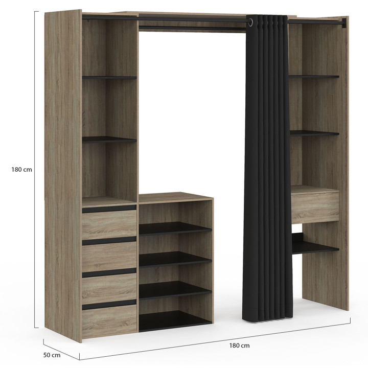 Ampio spogliatoio doppio in faggio con tenda nera - MERYL | IDMarket