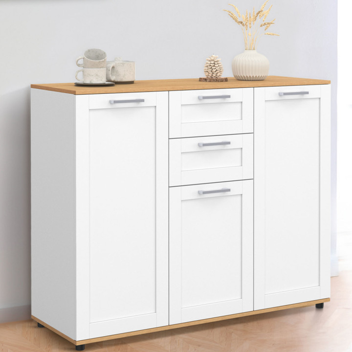Credenza bianca 100cm con piano in legno 3 ante 2 cassetti - VITO | Zen Cart! IDMarket