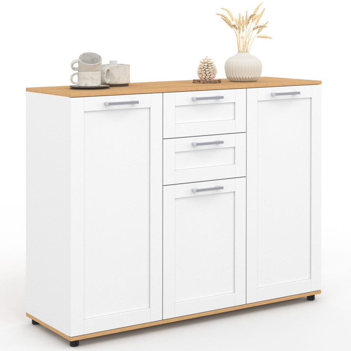 Credenza bianca 100cm con piano in legno 3 ante 2 cassetti - VITO | Zen Cart! IDMarket