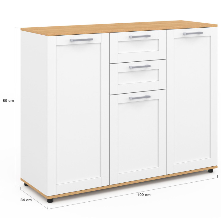 Credenza bianca 100cm con piano in legno 3 ante 2 cassetti - VITO | Zen Cart! IDMarket