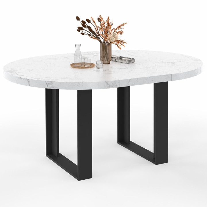 Tavolo da pranzo rotondo allungabile con piano effetto marmo bianco - ALASKA | IDMarket