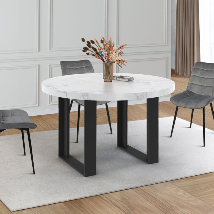 Tavolo da pranzo rotondo allungabile con piano effetto marmo bianco - ALASKA | IDMarket