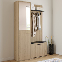 Guardaroba d'ingresso con scarpiera, specchio, armadio e mensole nere e effetto legno - MAHAUT | ID Market