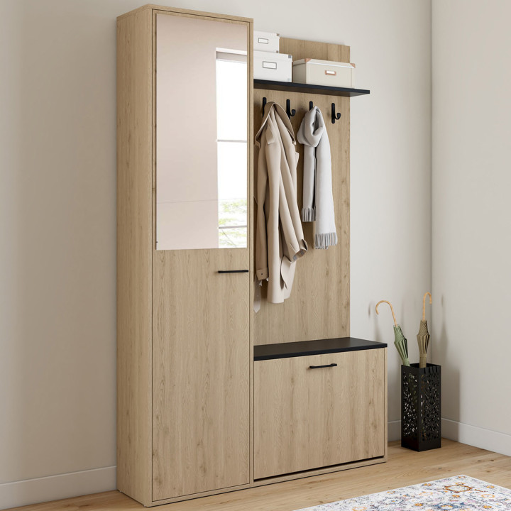 Guardaroba d'ingresso con scarpiera, specchio, armadio e mensole nere e effetto legno - MAHAUT | ID Market