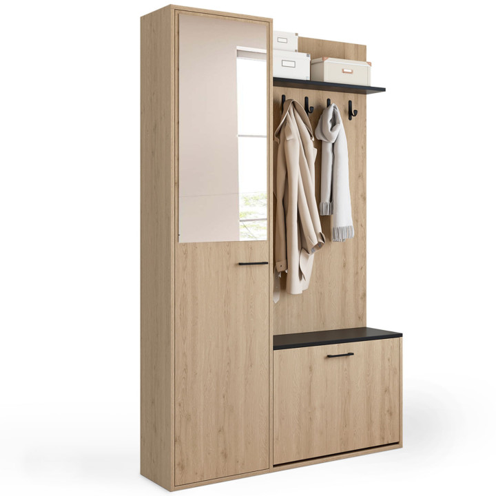 Guardaroba d'ingresso con scarpiera, specchio, armadio e mensole nere e effetto legno - MAHAUT | ID Market