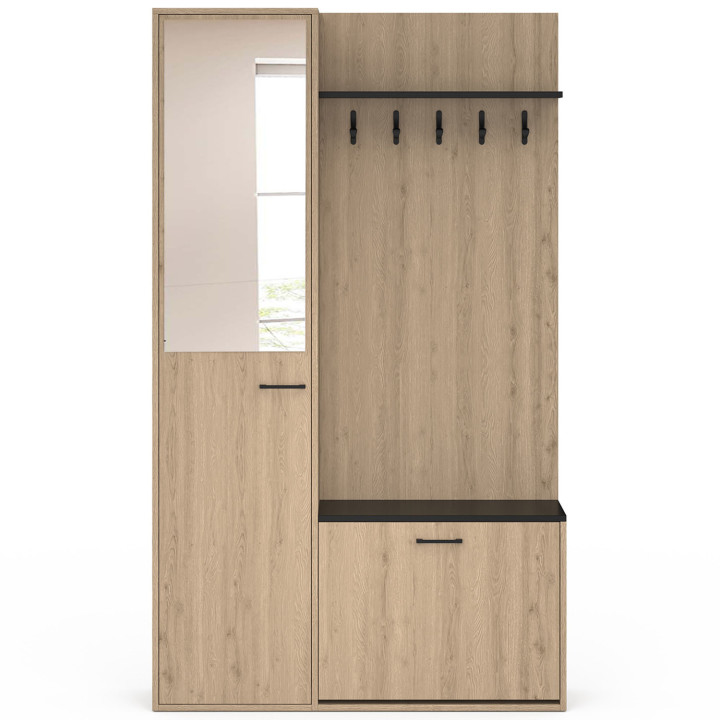 Guardaroba d'ingresso con scarpiera, specchio, armadio e mensole nere e effetto legno - MAHAUT | ID Market