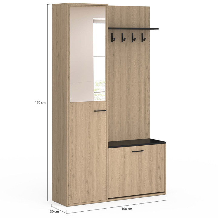 Guardaroba d'ingresso con scarpiera, specchio, armadio e mensole nere e effetto legno - MAHAUT | ID Market