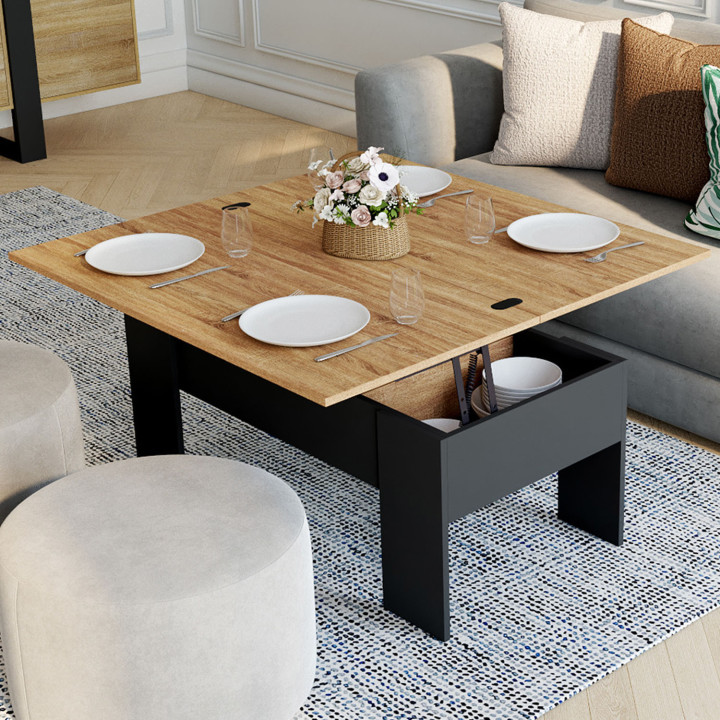 Tavolino rettangolare con piano sollevabile in legno nero e finto faggio - TARA | ID Market