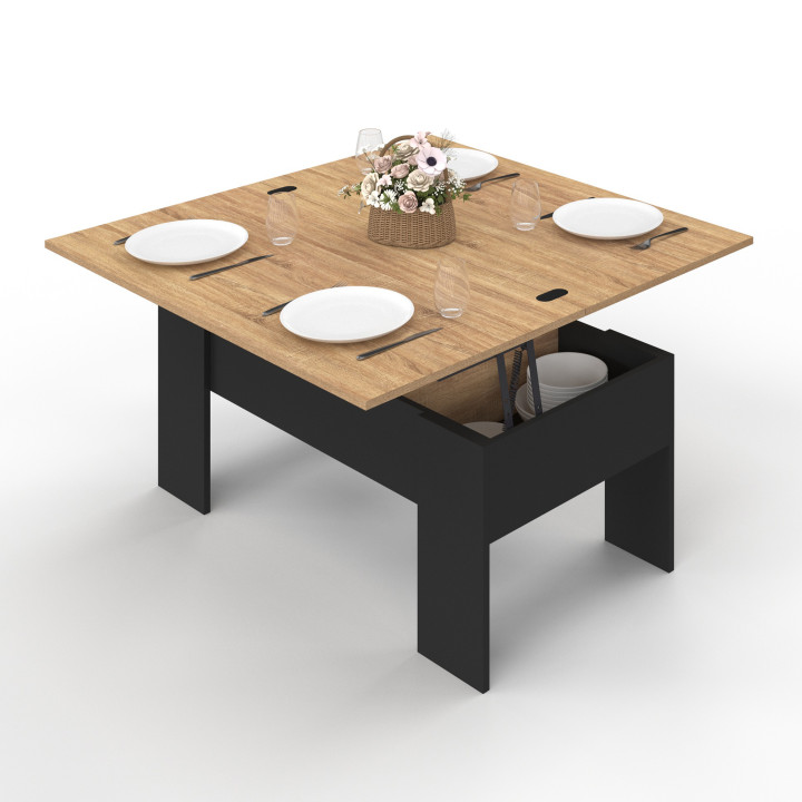 Tavolino rettangolare con piano sollevabile in legno nero e finto faggio - TARA | ID Market