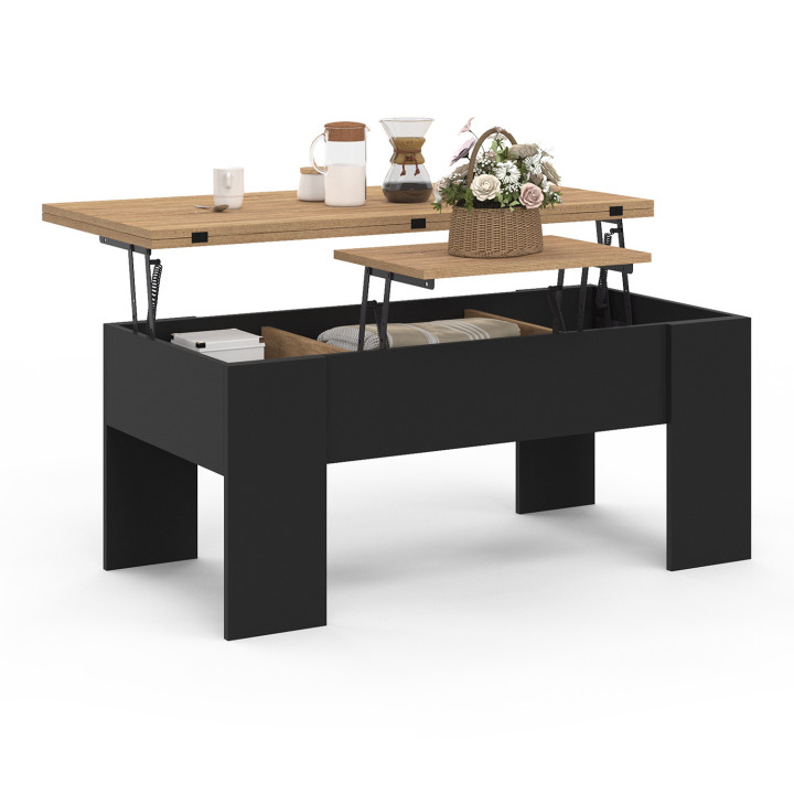 Tavolino rettangolare con piano sollevabile in legno nero e finto faggio - TARA | ID Market