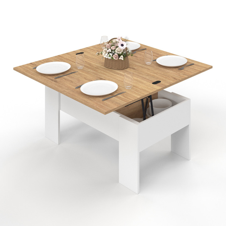 Tavolino rettangolare con piano sollevabile, trasformabile in tavolo da pranzo in faggio e bianco - TARA | ID Market