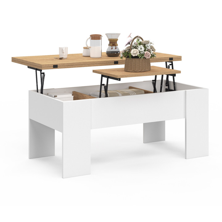Tavolino rettangolare con piano sollevabile, trasformabile in tavolo da pranzo in faggio e bianco - TARA | ID Market
