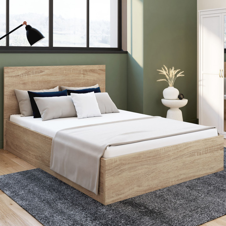Letto matrimoniale con rete 140x190 cm effetto faggio - SEASIDE | ID Market