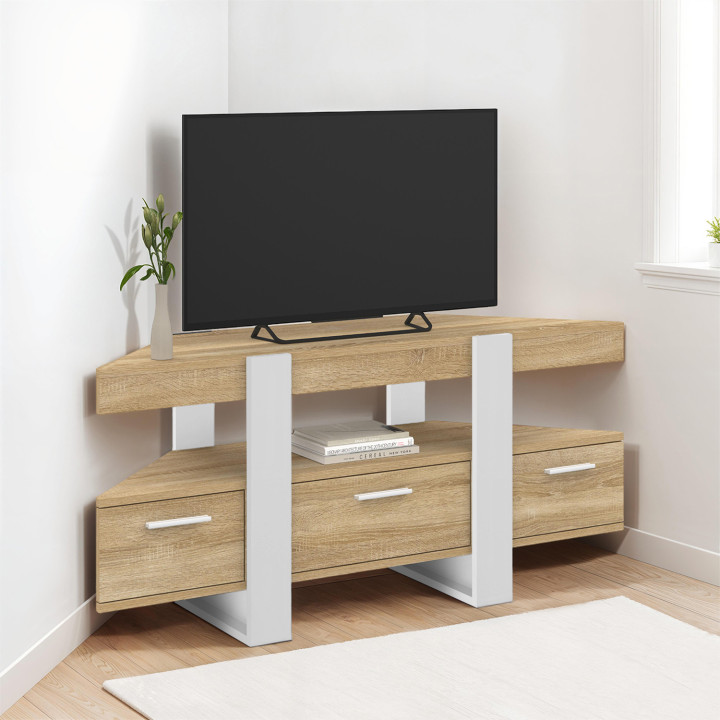 Porta TV angolare 110cm in legno e bianco con cassetto - PHOENIX | IDMarket