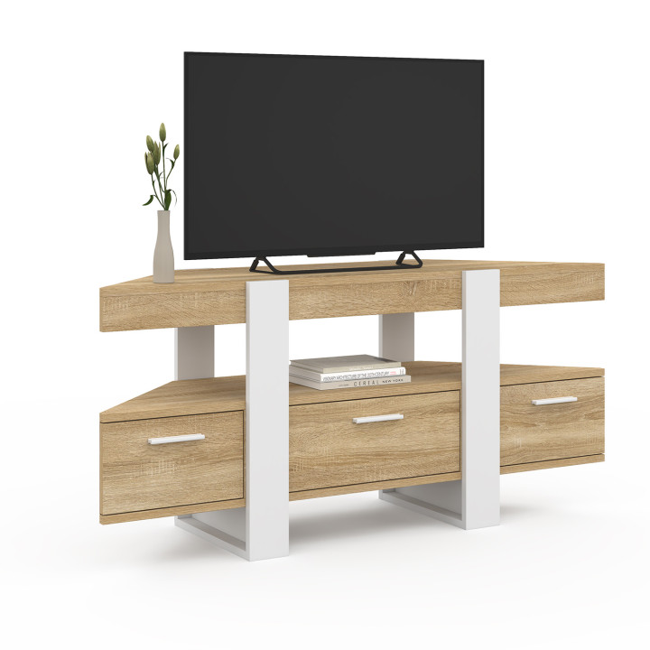 Porta TV angolare 110cm in legno e bianco con cassetto - PHOENIX | IDMarket
