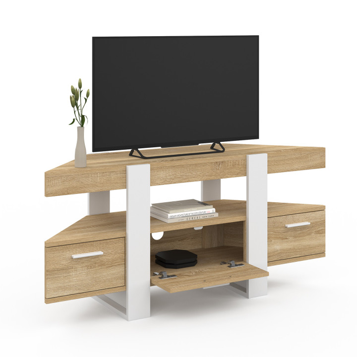 Porta TV angolare 110cm in legno e bianco con cassetto - PHOENIX | IDMarket