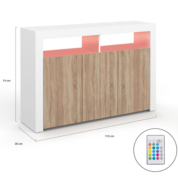 Credenza a 3 ante in legno e bianco con LED - ELIGHT | Zen Cart! IDMarket