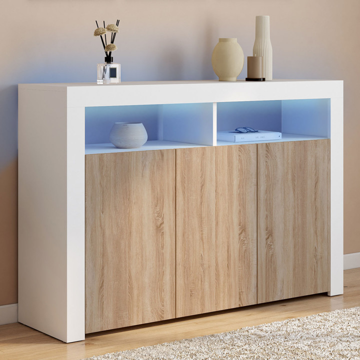 Credenza a 3 ante in legno e bianco con LED - ELIGHT | Zen Cart! IDMarket
