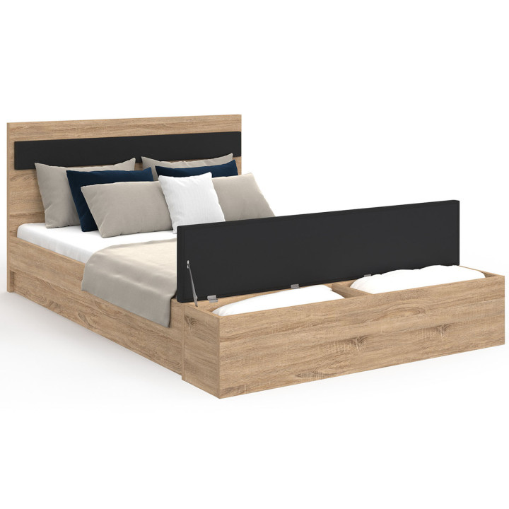 Letto matrimoniale 140x190 con testiera in legno e nero + panca - GAELLE | IDMarket