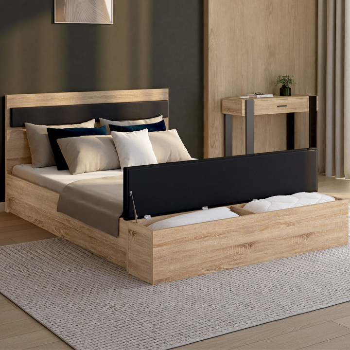 Letto matrimoniale 140x190 con testiera in legno e nero + panca - GAELLE | IDMarket