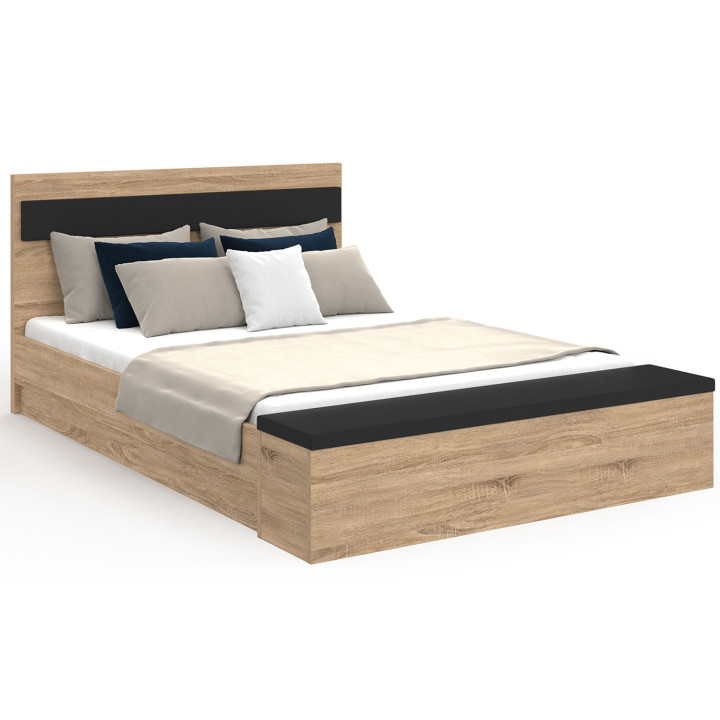 Letto matrimoniale 140x190 con testiera in legno e nero + panca - GAELLE | IDMarket