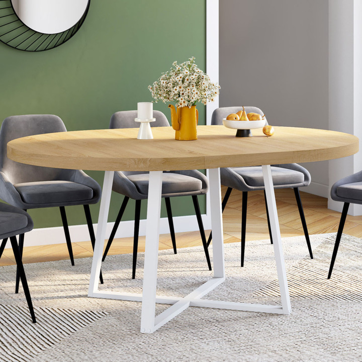 Tavolo da pranzo rotondo allungabile 4-8 persone in legno e bianco - SELMA | IDMarket