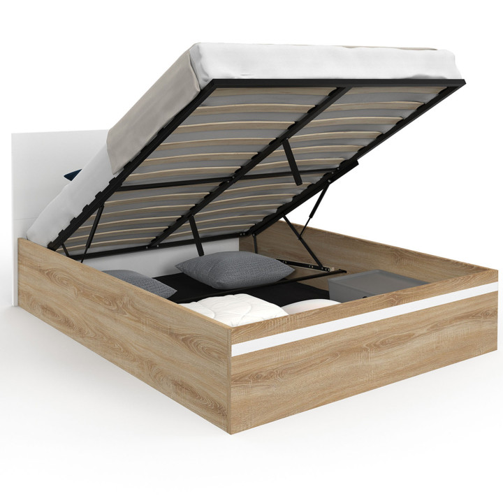 Letto matrimoniale a cassettone con testiera e base in faggio e bianco - SEASIDE | IDMarket