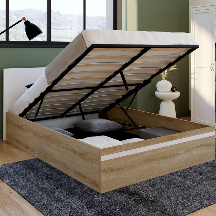 Letto matrimoniale a cassettone con testiera e base in faggio e bianco - SEASIDE | IDMarket