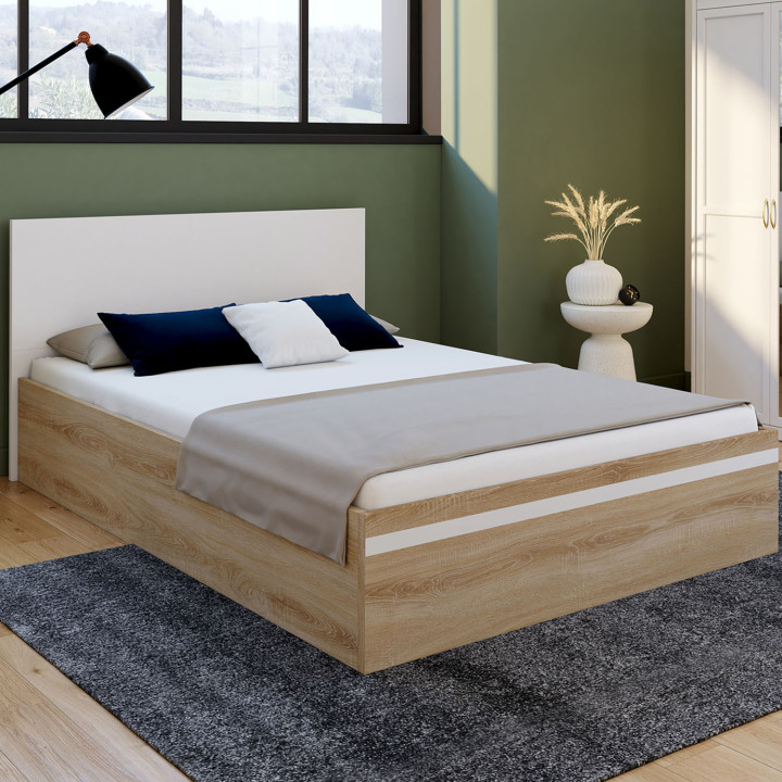 Letto matrimoniale a cassettone con testiera e base in faggio e bianco - SEASIDE | IDMarket