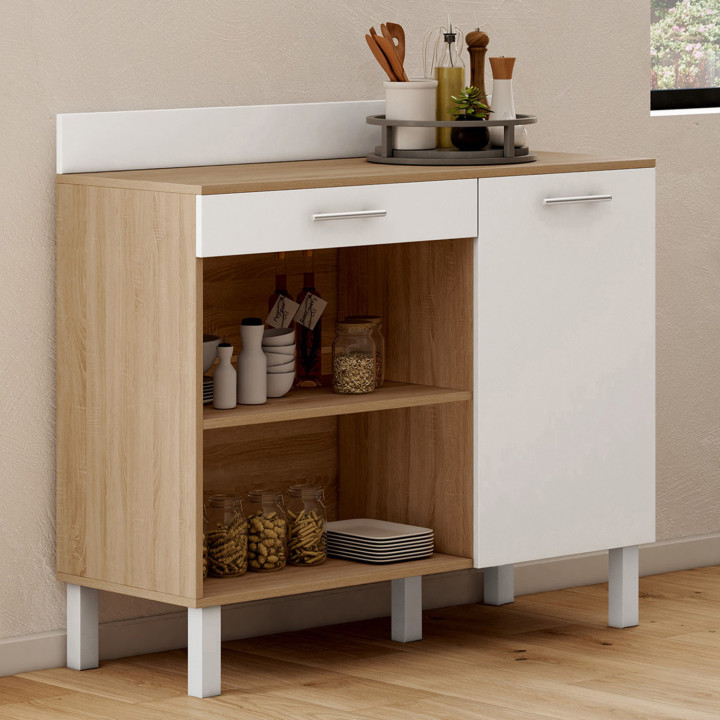 Credenza bassa in faggio e bianco 100cm 1 anta + 1 cassetto - CINA | Zen Cart! IDMarket
