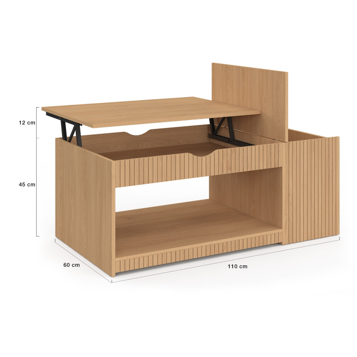 Tavolino sollevabile in colore rovere con doghe e cassetta - JULIETTE | IDMarket