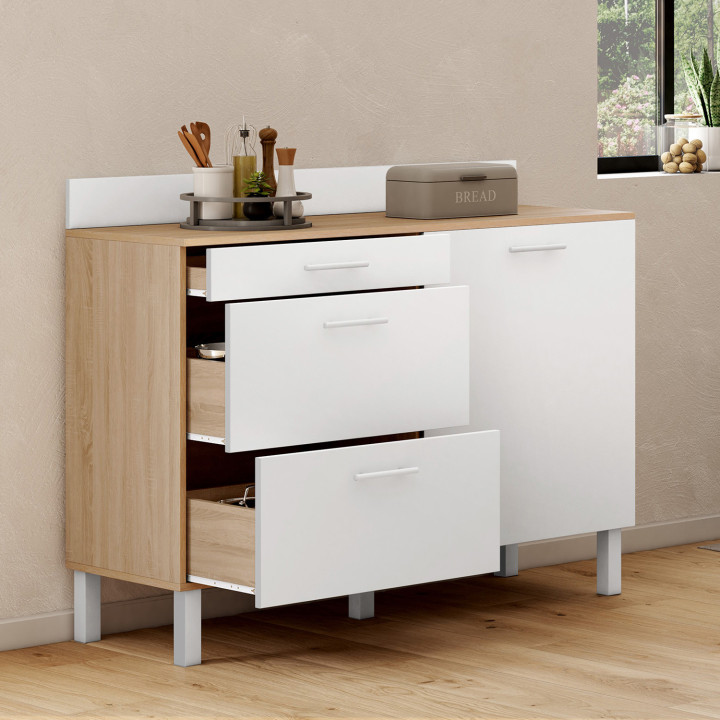 Credenza bassa 120 cm piano di lavoro per pentole H.83 cm 1 anta + 3 cassetti faggio e bianco - CINA | Zen Cart! IDMarket