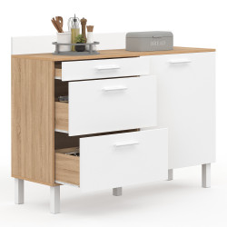 Credenza bassa 120 cm piano di lavoro per pentole H.83 cm 1 anta + 3 cassetti faggio e bianco - CINA | Zen Cart! IDMarket
