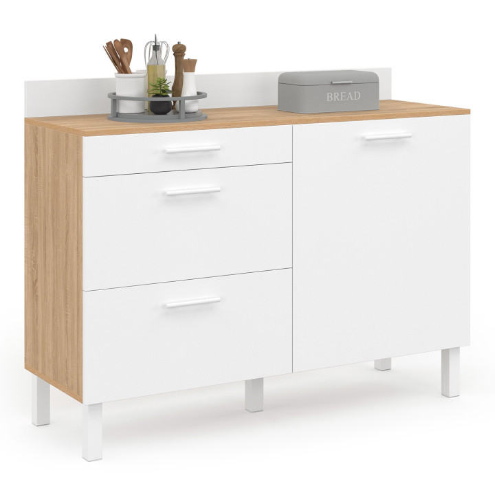 Credenza bassa 120 cm piano di lavoro per pentole H.83 cm 1 anta + 3 cassetti faggio e bianco - CINA | Zen Cart! IDMarket