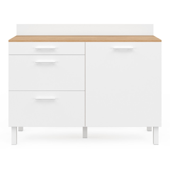Credenza bassa 120 cm piano di lavoro per pentole H.83 cm 1 anta + 3 cassetti faggio e bianco - CINA | Zen Cart! IDMarket