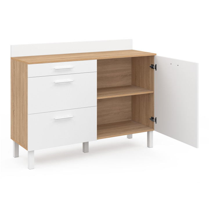 Credenza bassa 120 cm piano di lavoro per pentole H.83 cm 1 anta + 3 cassetti faggio e bianco - CINA | Zen Cart! IDMarket