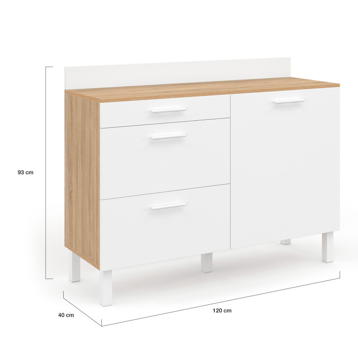Credenza bassa 120 cm piano di lavoro per pentole H.83 cm 1 anta + 3 cassetti faggio e bianco - CINA | Zen Cart! IDMarket